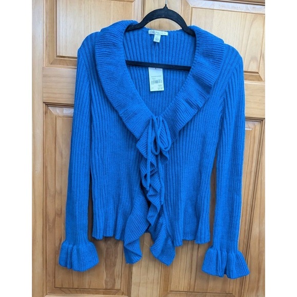 Cato Women's Sweater Large NEW Royal Blue Tie Closure Ruffled Front and Cuffs - Picture 5 of 8
